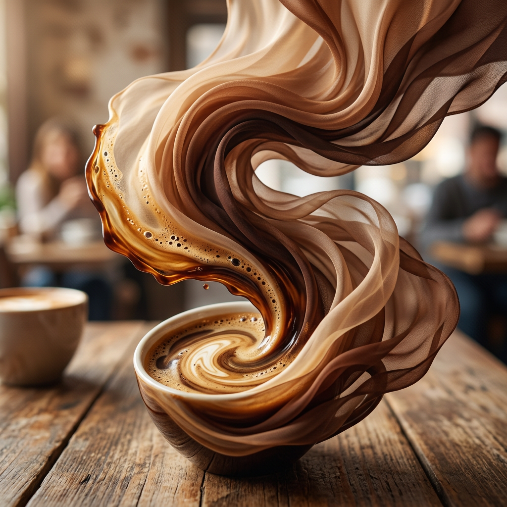 Cup of coffee with swirling brown steam rising in artistic patterns